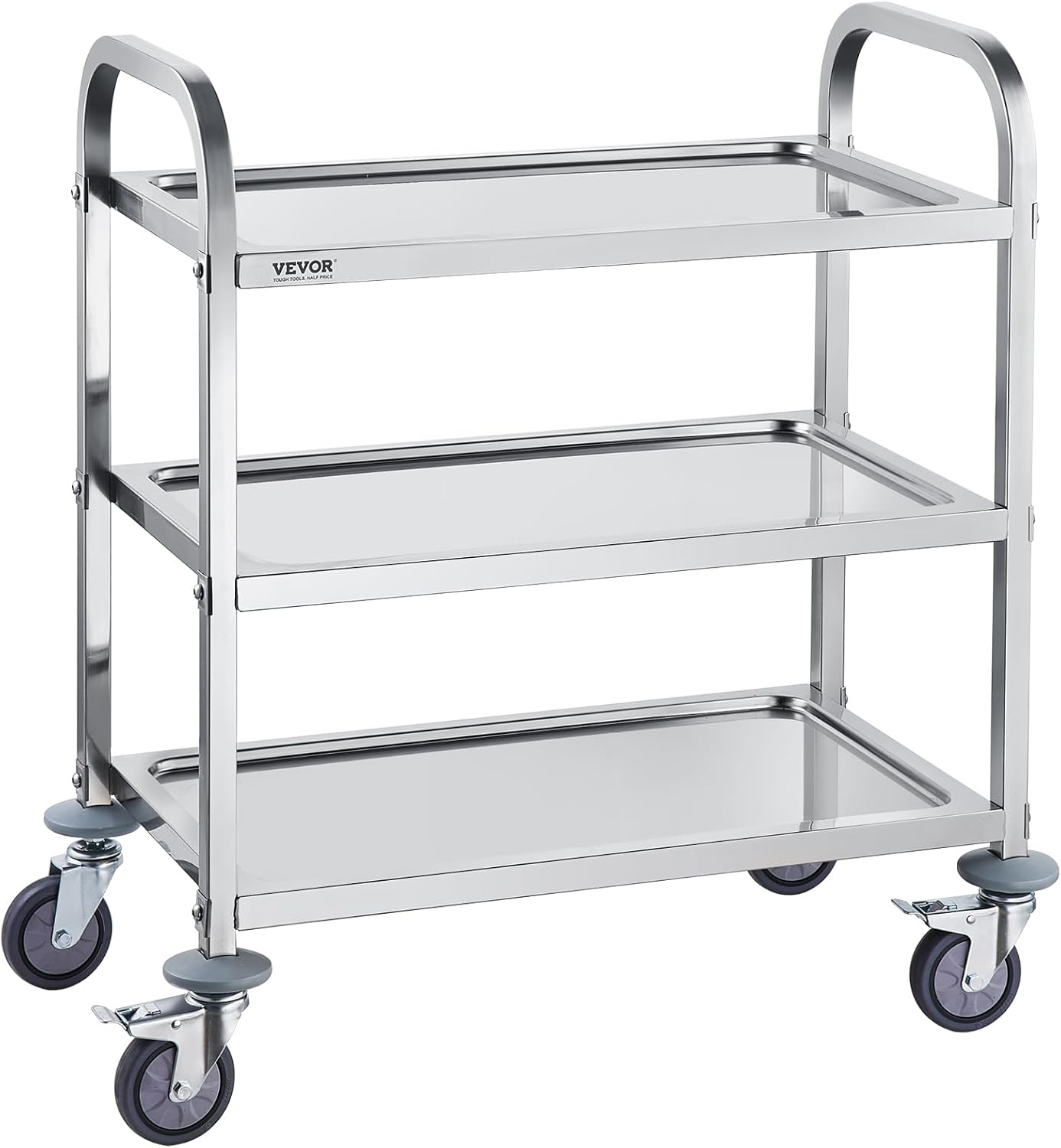 VEVOR Lab Utility Cart, 220 lbs Weight Capacity Rolling Lab Cart, 3 Shelves Mobile Clinic Cart, Sturdy Stainless Steel Frame Lab Trolley, 360° Silent Rolling Wheels w/Foot Brake, for Lab Clinic Salon