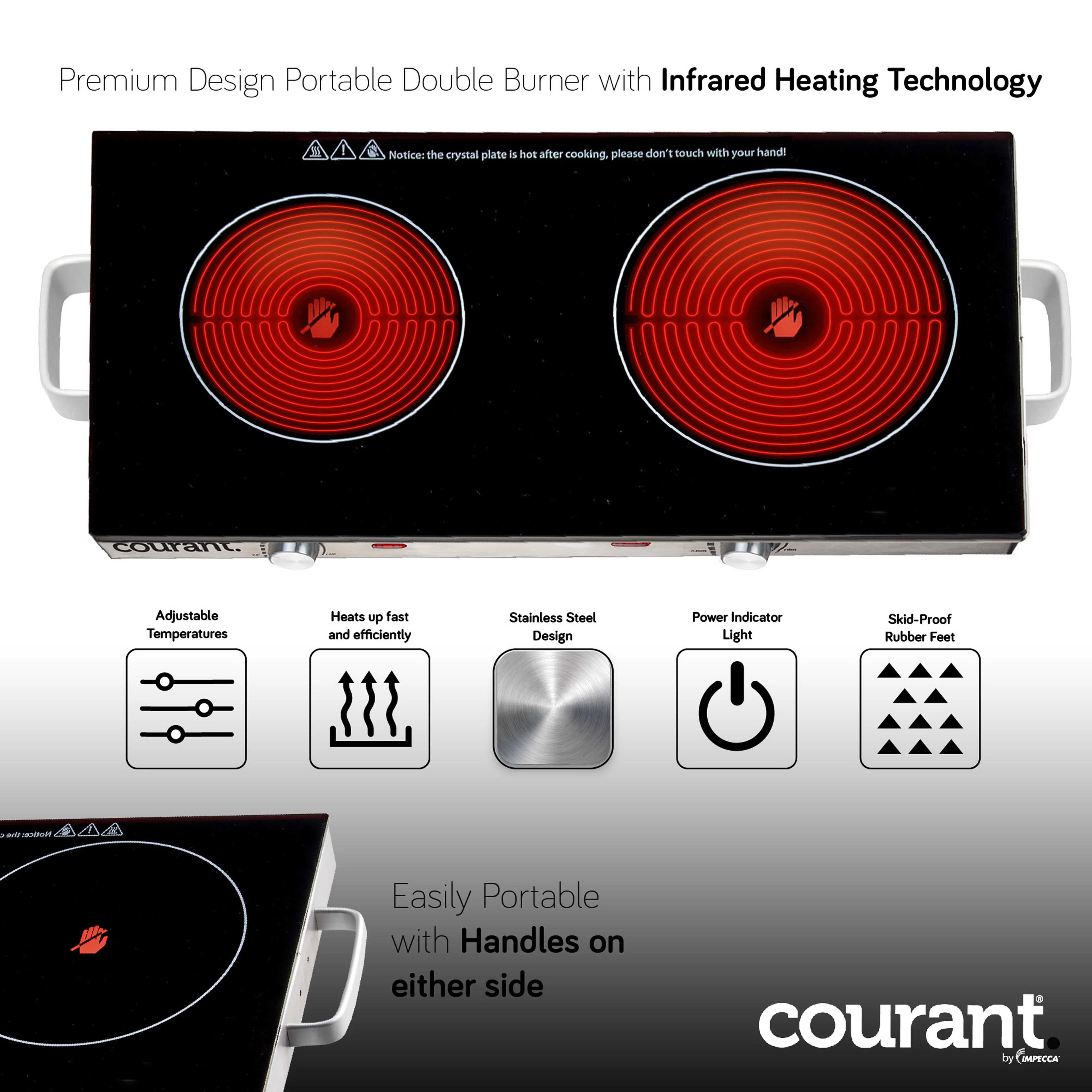 Courant Electric Double Infrared Burner, Ceramic Glass Hot Plates Cooktop, 1700W - Stainless Steel