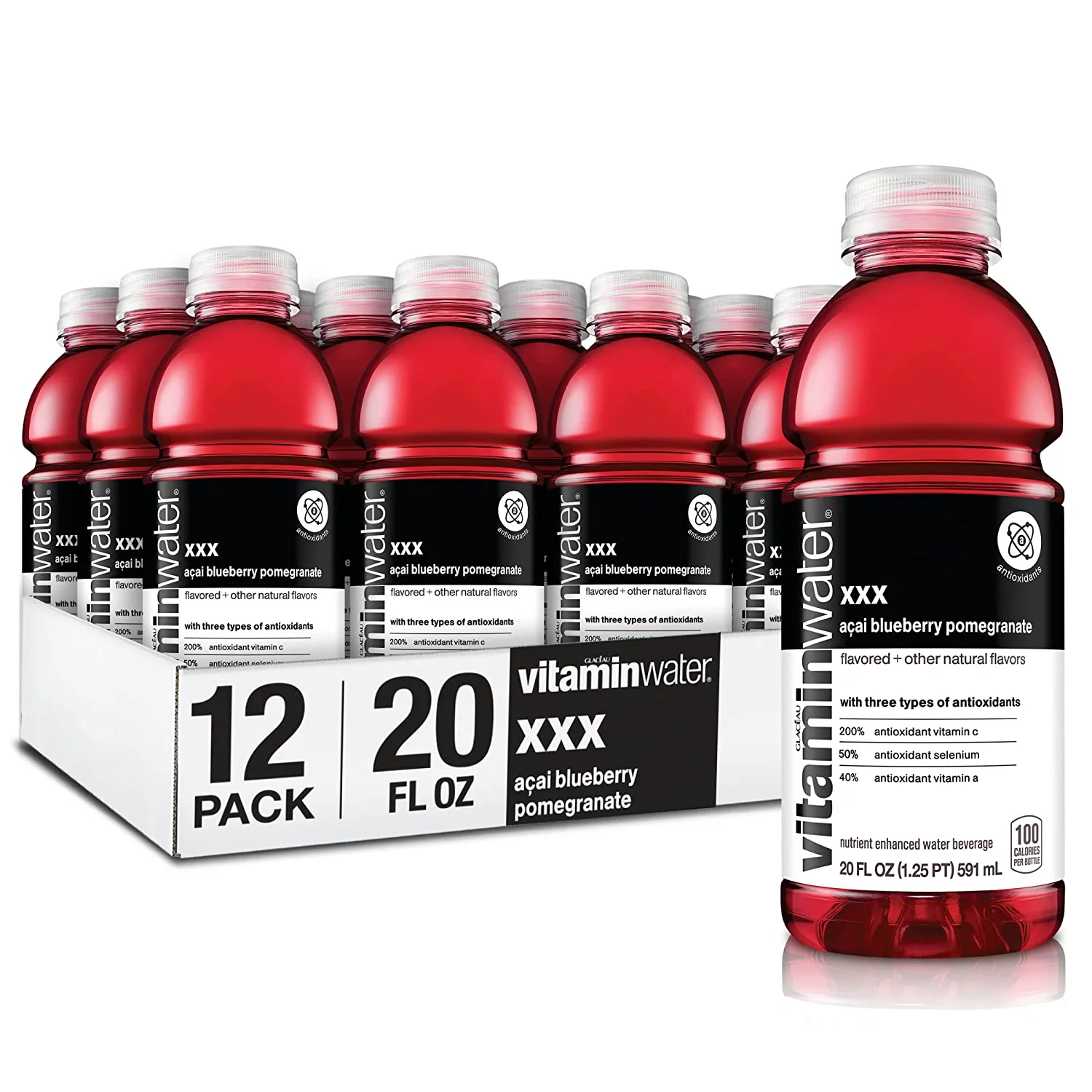 xxx, electrolyte enhanced water w/ vitamins, açai-blueberry-pomegranate drinks, 20 fl oz, 12 Pack