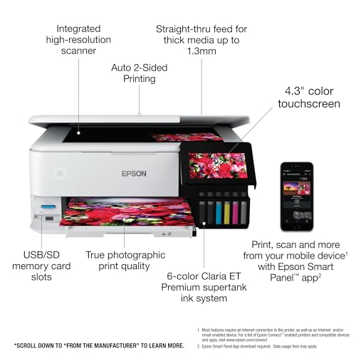 Epson EcoTank Photo ET-8500 Wireless Color All-in-One Supertank Printer with Scanner, Copier, Ethernet and 4.3-inch Color Touchscreen, White, Large