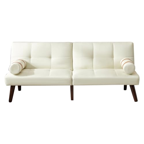 Convertible Sofa Bed Futon Linen Sleeper Couch with Adjustable Backrests Soild Wood Legs for Bedroom Living Room White