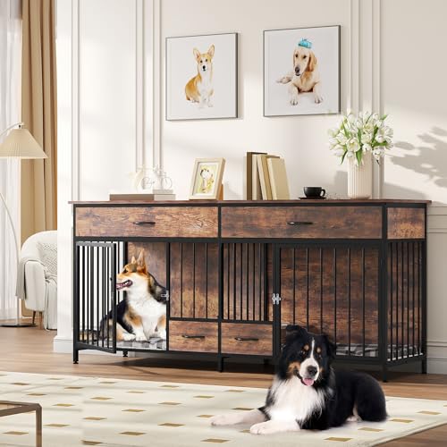YITAHOME Double Dog Crate Furniture with Dog Feeder, 74.8