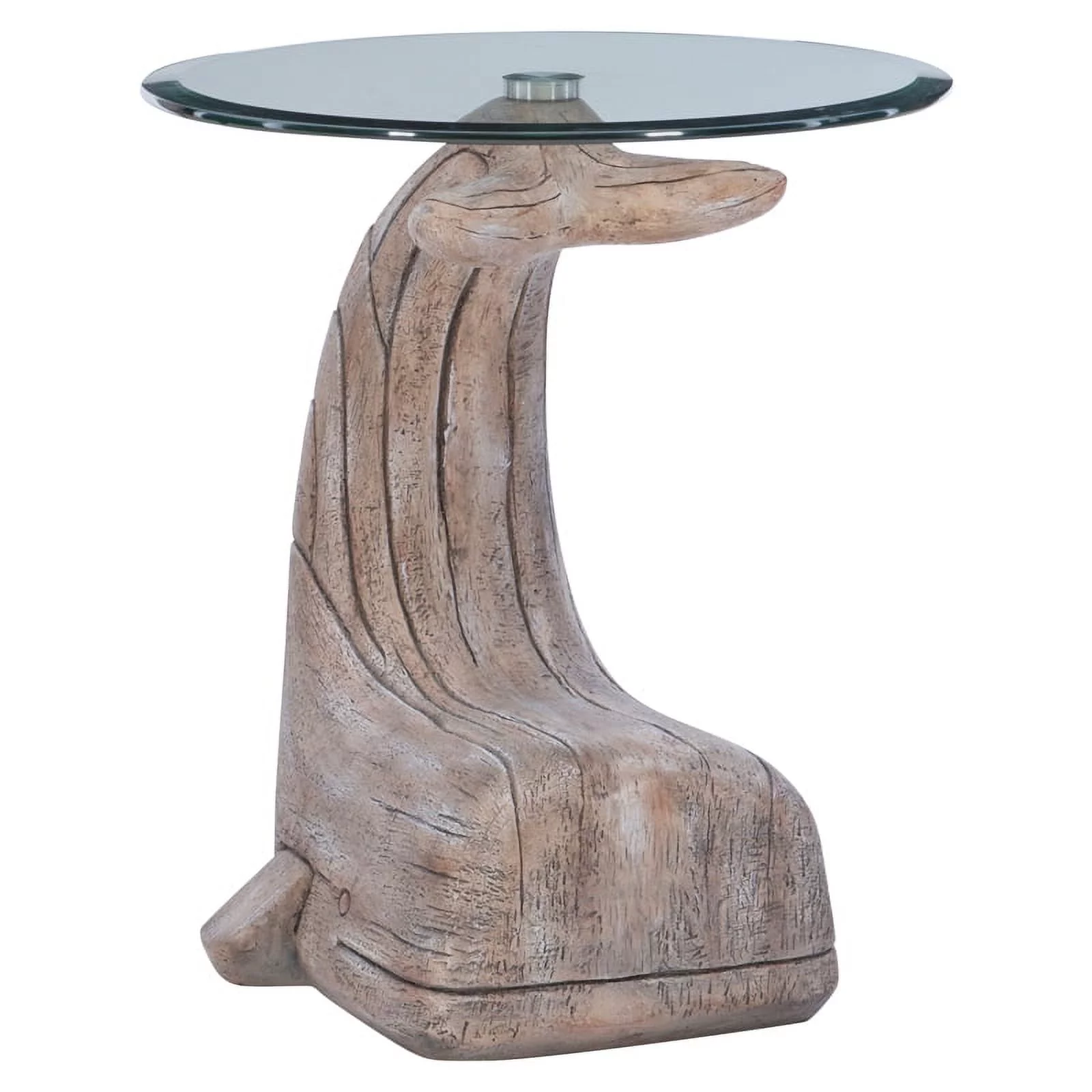 Linon Mabry Whale Sculptured Glass Top Rustic Accent Table in Driftwood Finish