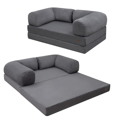 COMAX Futon Sofa Bed, 4-in-1 Floor Foldable Sofa Couch Bed Queen with L-Shaped Armrests, Convertible Folding Chair Bed Sleeper Mattress Fold Out Comfy Lounge for Living Room Bedroom, Dark Grey