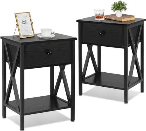 VECELO End Side Table with Cabinet,Bedside Nightstand with Large Capacity Storage for Living Room, Bedroom,Office,Easy to Assemble, 1 Set, Dark Black/1 Set