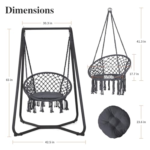 SUNCREAT Hammock Chair with Stand Included, Heavy Duty Hanging Chair with Stand, 330 lbs Capacity, Patent Pending, Grey