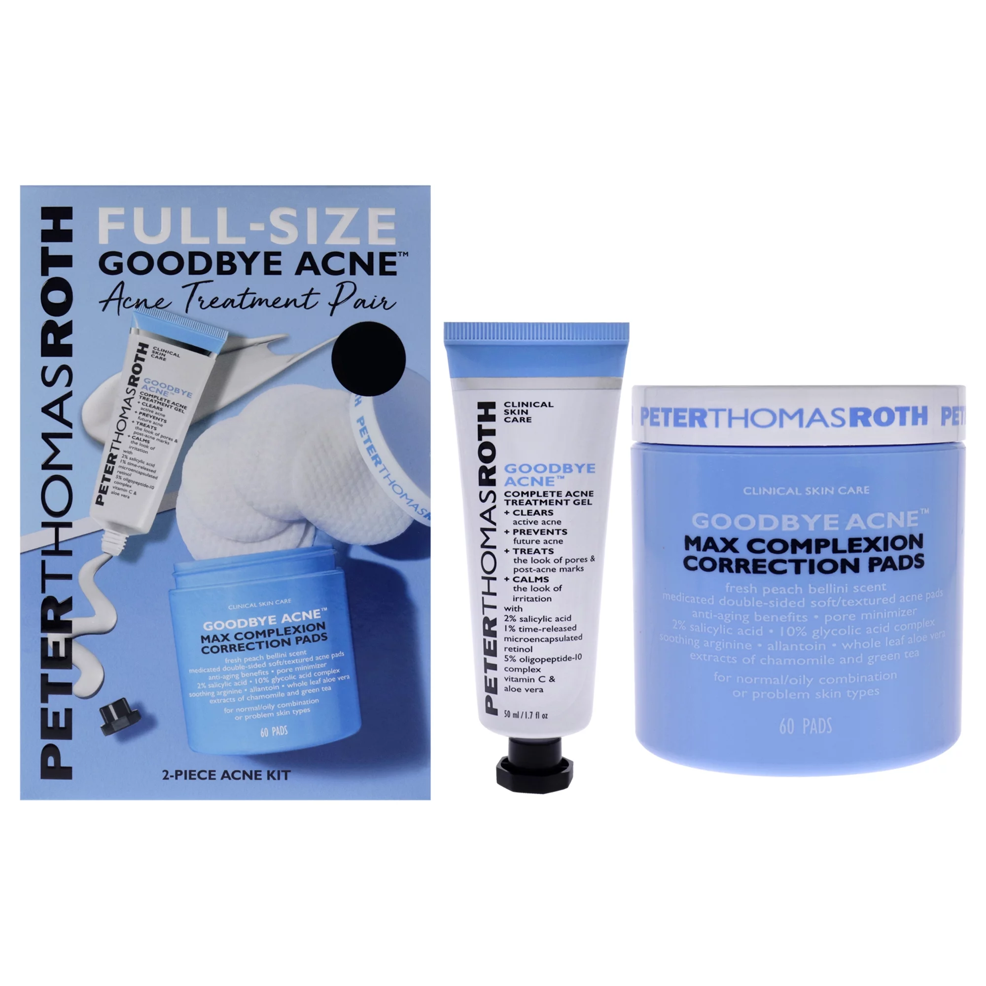Peter Thomas Roth Goodbye Acne Treatment Pair , 2 Pc 1.7oz Complete Acne Treatment Gel, 60 Max Complexion Correction Pads