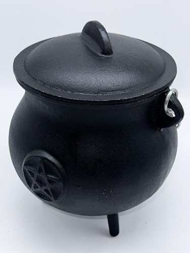 X-Large Pentacle Cast Iron Cauldron with Lid and Handle, 7.5