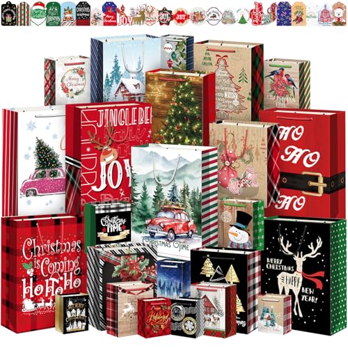 WLUSEAXI 24 Pack Christmas Gift Bags Assorted Sizes with 24 Gift Tags,Christmas Paper Bags Bulk with Handle,6 Jumbo 6 Large 6 Medium 6 Small for Holiday Presents, Xmas Party Favors