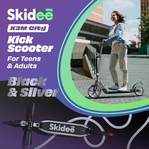 Skidee Adult & Teen Scooter Adjustable Height, Folding, Large Wheels, Lightweight, Durable, Anti-Shock Suspension, Up to 220 lbs