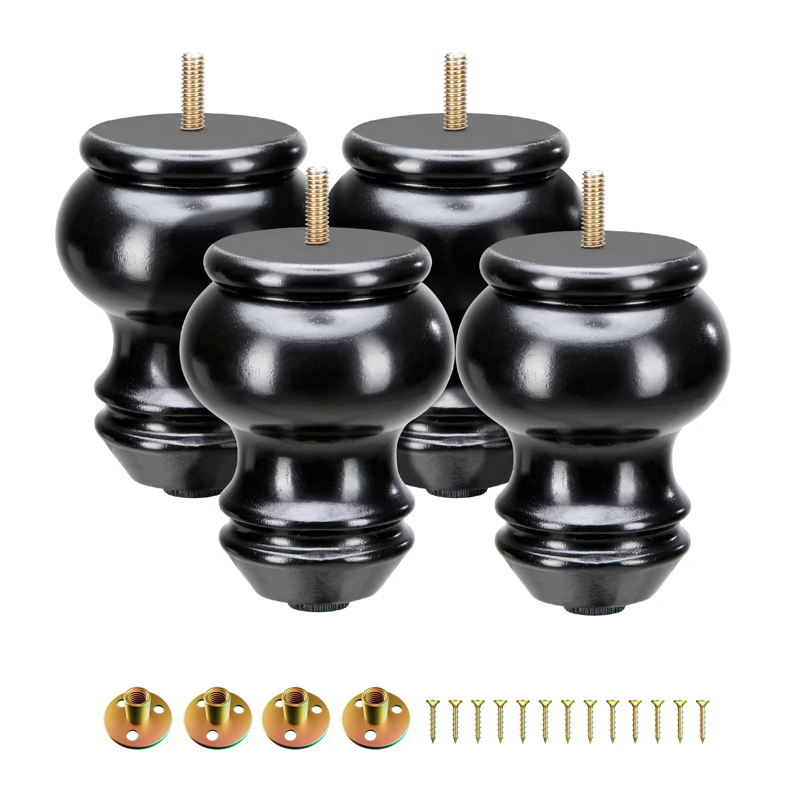 Yes4All 4Pcs of 4 Inches Turned Concave Solid Wood Furniture Legs with Adjustable Leveler