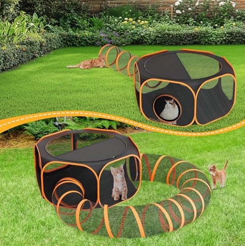 Outdoor Cat Enclosures Tunnel Playpen - Large Portable Playpen Indoor Collapsible Cats Enclosure with Shade Cover 2 Tunnels for Small Pets Animal Outside Catio Happy Travel Camping Back Yard