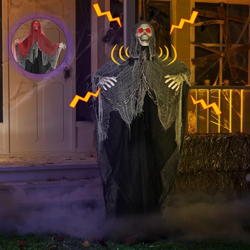 71'' Life Size Halloween Decorations Outdoor, Electric Skeleton with Glowing Eyes Sound Adjustable Arms Swaying Body Voice/Touch Sensing, Halloween Animatronics for Indoor Yard Lawn Decor