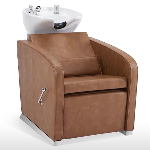 BarberPub Backwash Shampoo Station Chair, Adjustable Porcelain Ceramic Hair Wash Bowl Sink Unit Station, Reclining Shampoo Station Chair for Spa Beauty Salon Hair Salon Equipment 9303 (Beige)