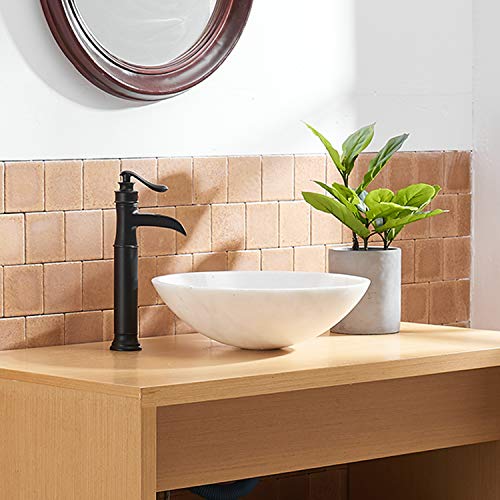BWE Vessel Sink Faucet Waterfall Matte Black with Pop Up Drain Without Overflow and Supply Lines, Black Sink Faucet Bathroom One Handle Faucets Vanity Bath Mixer Tap