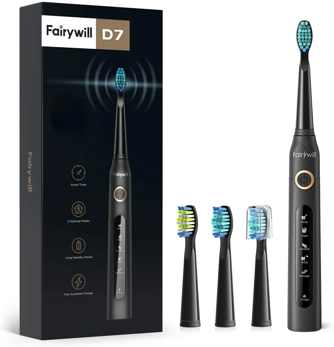 Fairywill Sonic Adults Electric Toothbrush Rechargeable Black, 5 Modes with Smart Timer, 30 Days Battery Life