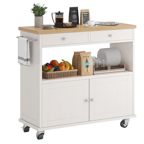 Rolling Kitchen Island with Storage Cabinet, 35.4'' Width Kitchen Cart, 2 Drawers Island Table, Portable Mobile Kitchen Island with Towel Rack, Wood Top and Lockable Wheels, Black