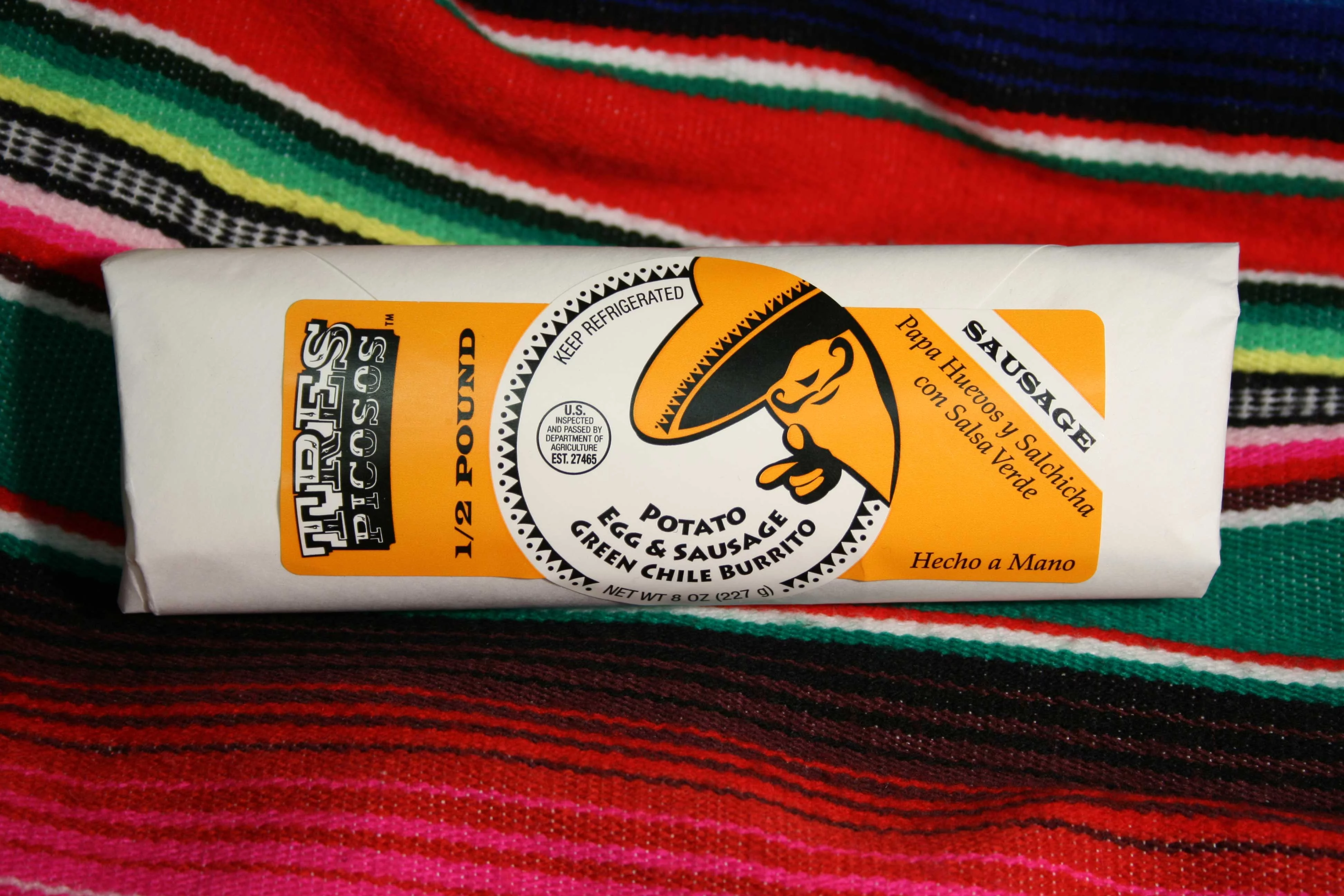 Tres Picosos Potato Egg and Sausage Green Chile Burrito -- 12 per case.