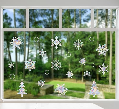 Snowflake Window Decals - Anti-Collision Clings to Save Birds, Non-Adhesive Prismatic Window Clings, Rainbow Stickers, Christmas Snowflake and Tree Circle (20 pcs)