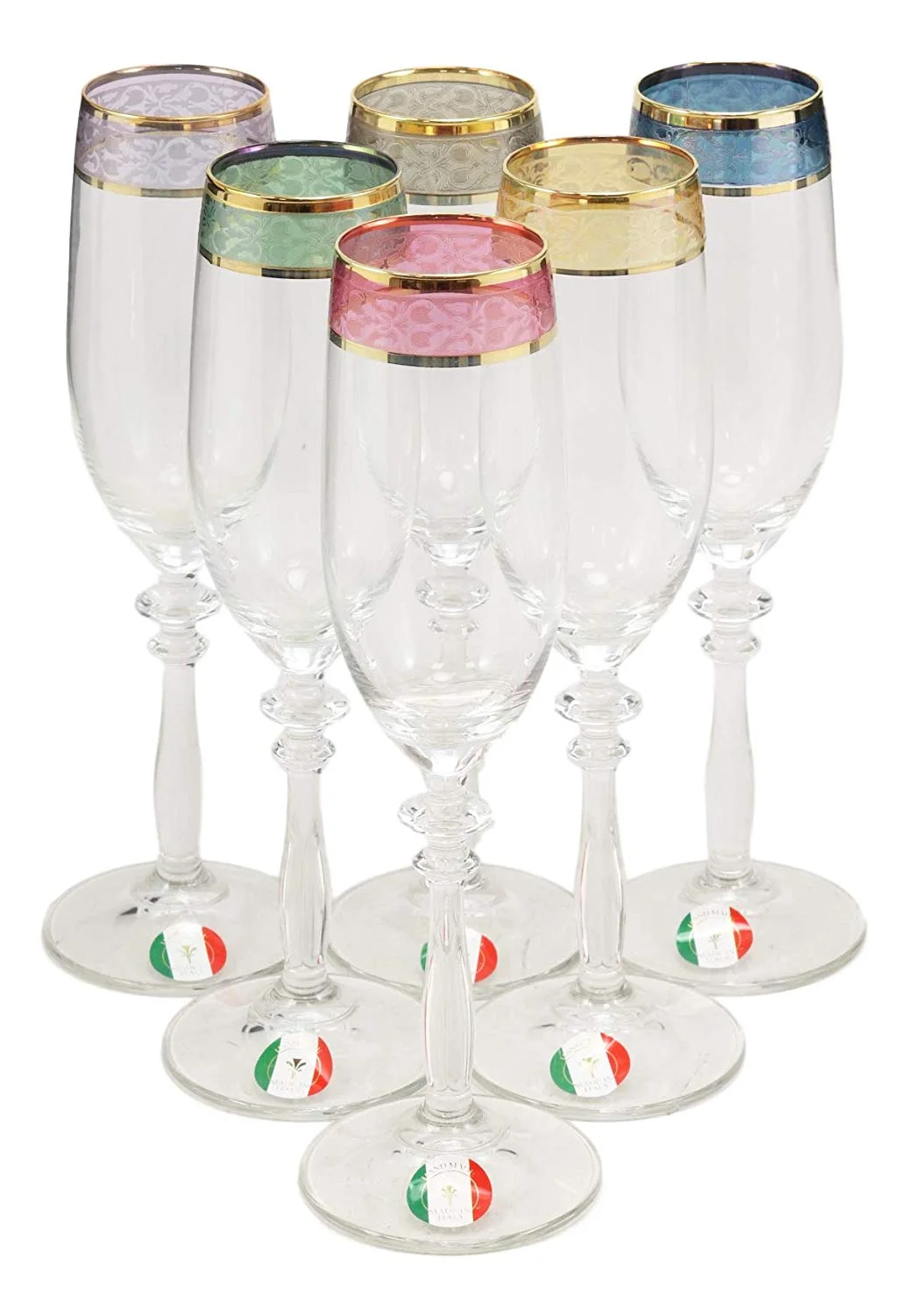 Italian Set of 6 Colorful Floral Champagne Flute Wine Glasses With Gold Accents