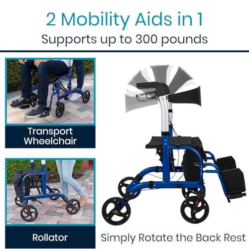Vive 2 in 1 Rollator Transport Wheelchair Walker for Seniors - Lightweight, Foldable, Medical 4 Wheel Chair Combo with Seat - Portable Walking Mobility Aid for Men Women, 300 Pound Capacity