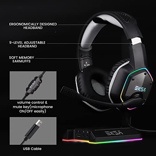 EKSA E1000 Gaming Headset, Computer Headphones with Noise Canceling Mic & RGB Light, 7.1 Surround Sound, Compatible with PC, PS4 PS5 Console, Laptop (Blue)