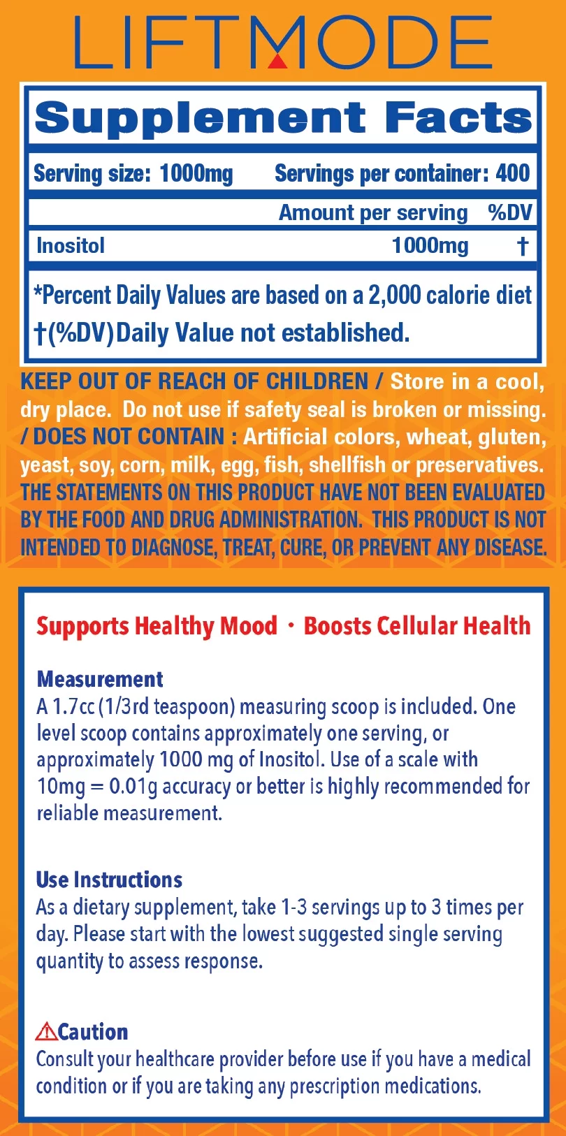 LiftMode  Inositol - 400 Grams (14.11 Oz) - 98+% Pure - FBLM