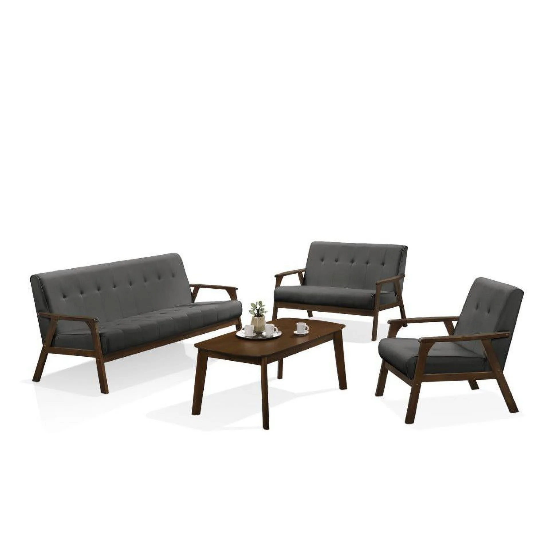 Uptown Modern Iven Mid Century Wood Arm 4pc Living Room Set, Grey