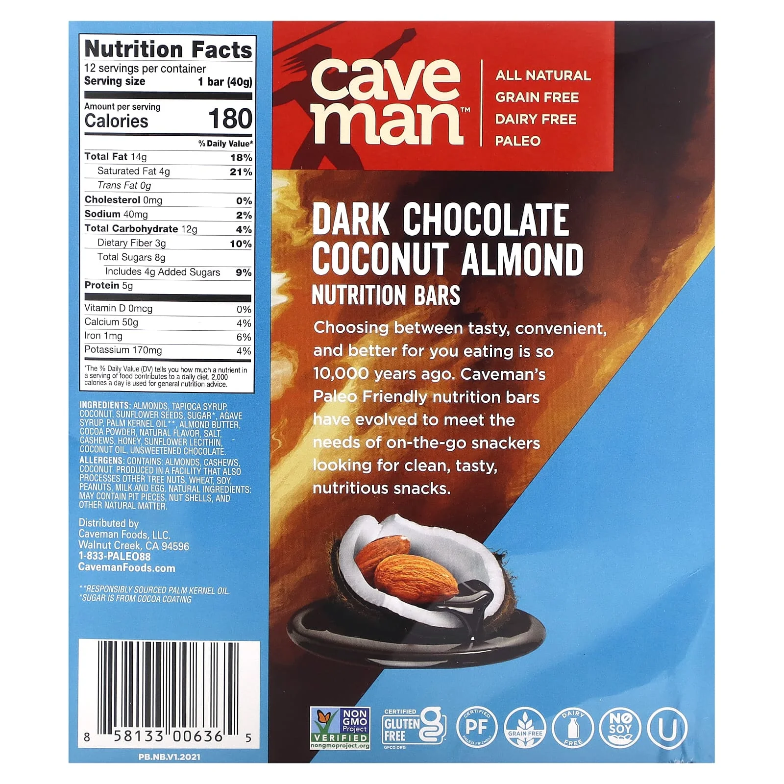 Caveman Foods Nutrition Bars Gluten Free Paleo Dark Chocolate Almond Coconut -- 12 Pack of 3