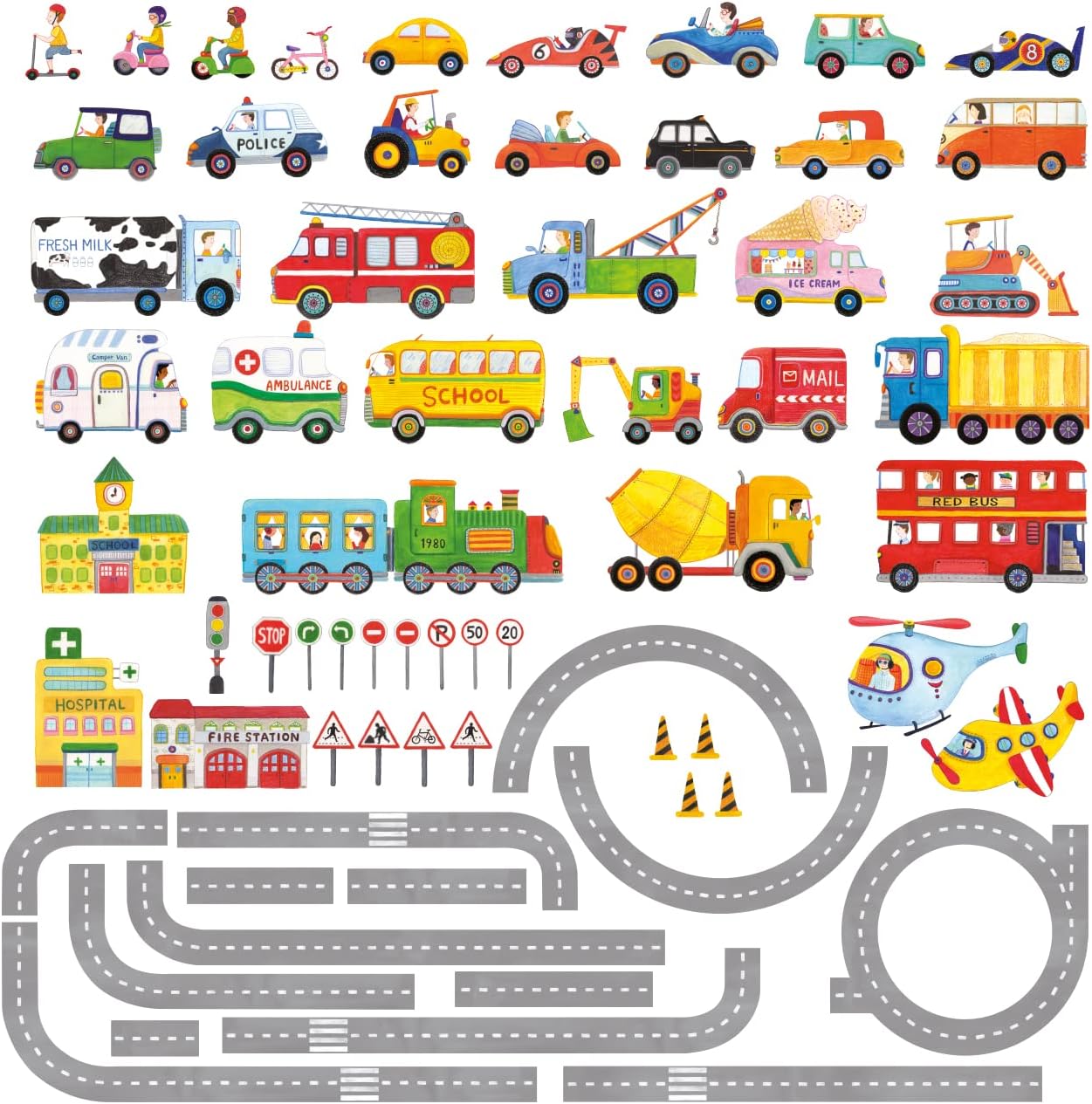 DECOWALL SG3-1404P1405 The Road and Transports Kids Wall Stickers Wall Decals Peel and Stick Removable Wall Stickers for Kids Nursery Bedroom Living Room décor