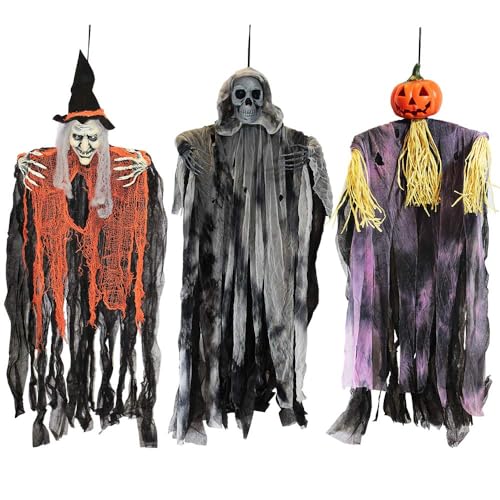 JOYIN 3 Pack 35” Hanging Ghosts Witch Pumpkin Decor Hanging Halloween Decorations Outdoor Halloween Decor, Scary Flying Witch Grim Reapers Haunted House Front Porch Decor Yard Garden Lawn Party