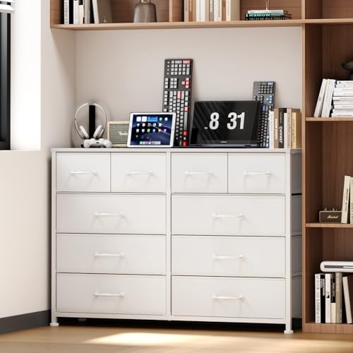 Furnulem Bedroom Dresser for 55”Long TV Stand Entertainment Center Dressers & Chests of Drawers,10 Storage Fabric Drawer, Sturdy Metal Frame Tall Storage Cabinet for Living Room, Entryway, Black Oak