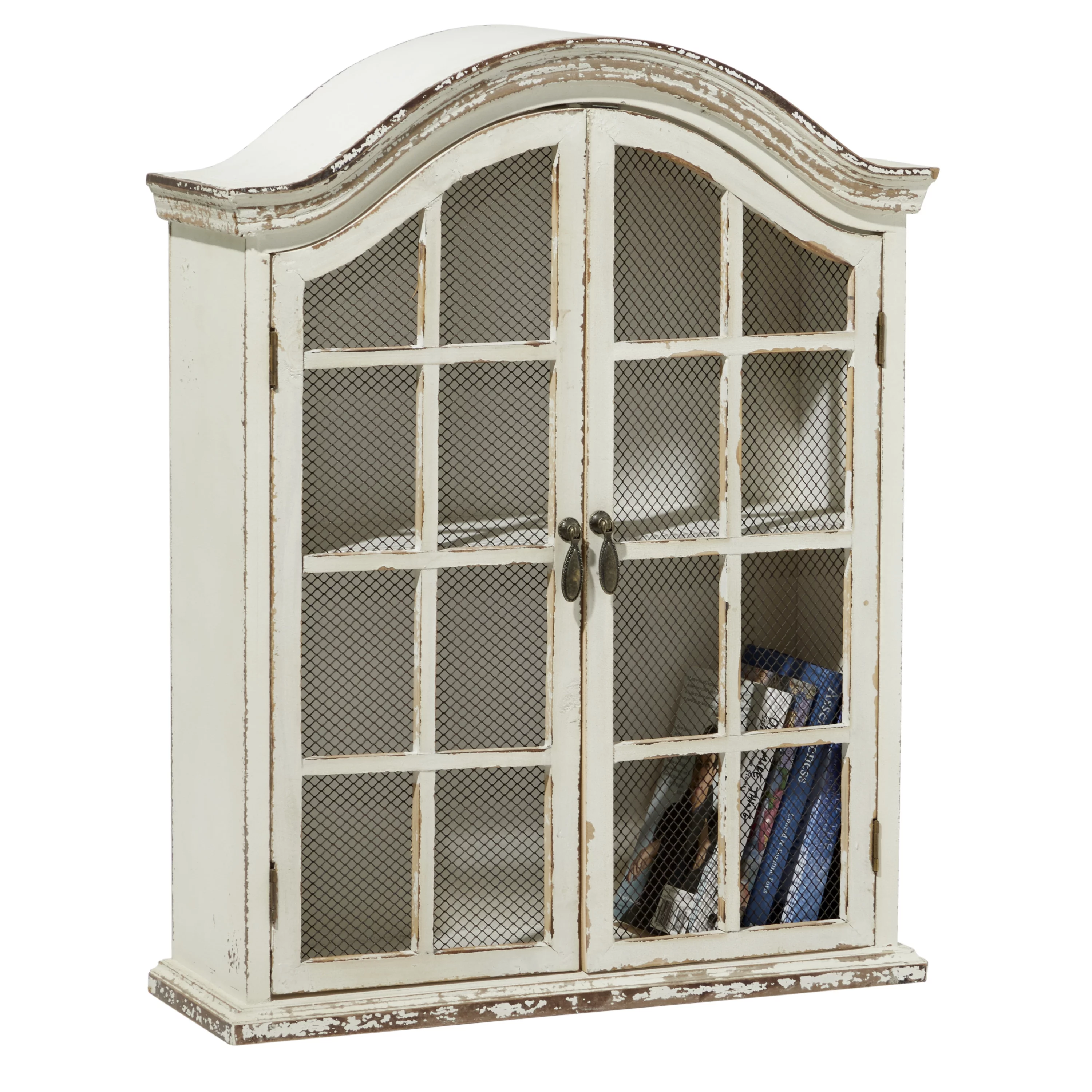 DecMode Vintage White Wood Wall Décor with Glass Doors and Shelving, 22
