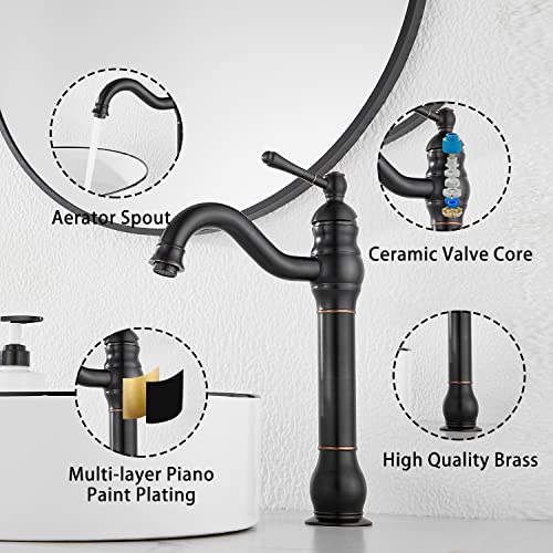 GGStudy 360° Swivel Antique Brass Bathroom Vessel Sink Faucet Single Handle One Hole Matching with Pop Up Drain