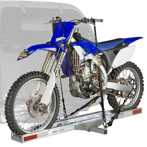 Black Widow Motorcycle Hitch Carrier with Loading Ramp Lightweight Aluminum 400 lb. Capacity Anti-Rattle Included Fits 2