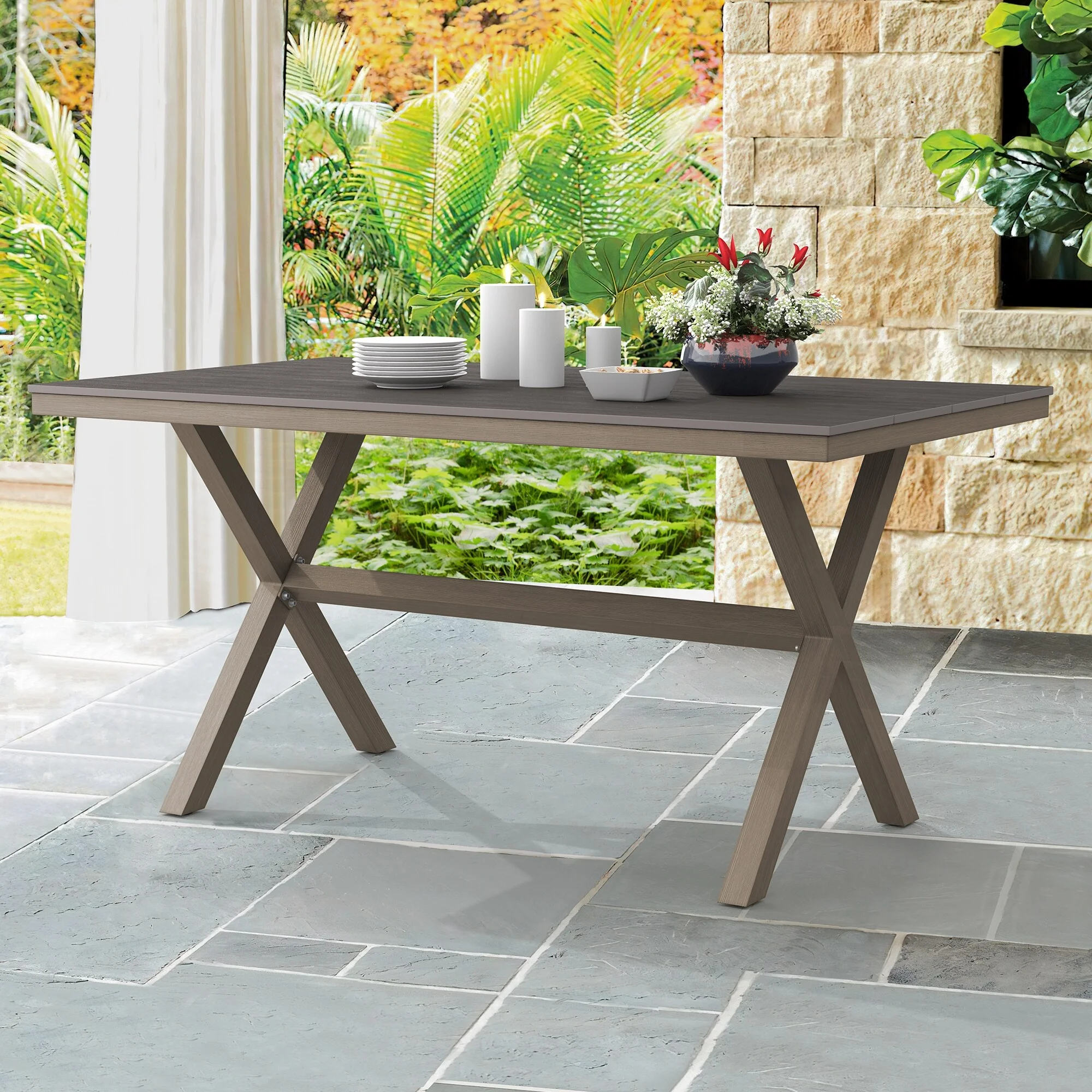 LUE BONA  Sturdy X Base Rectangular Aluminum Plastic Wood Outdoor Patio Dining Table - 29.53'' H X 34.65'' W X 59.1'' L Light Gray