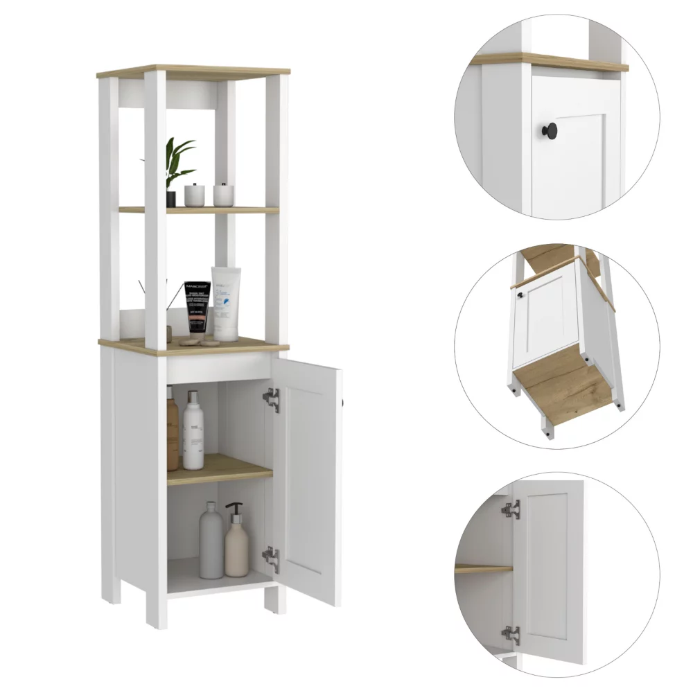 Treevol Furniture, Linen Cabinet Jannes, Two Open Shelves, Single Door, Light Oak / White Finish
