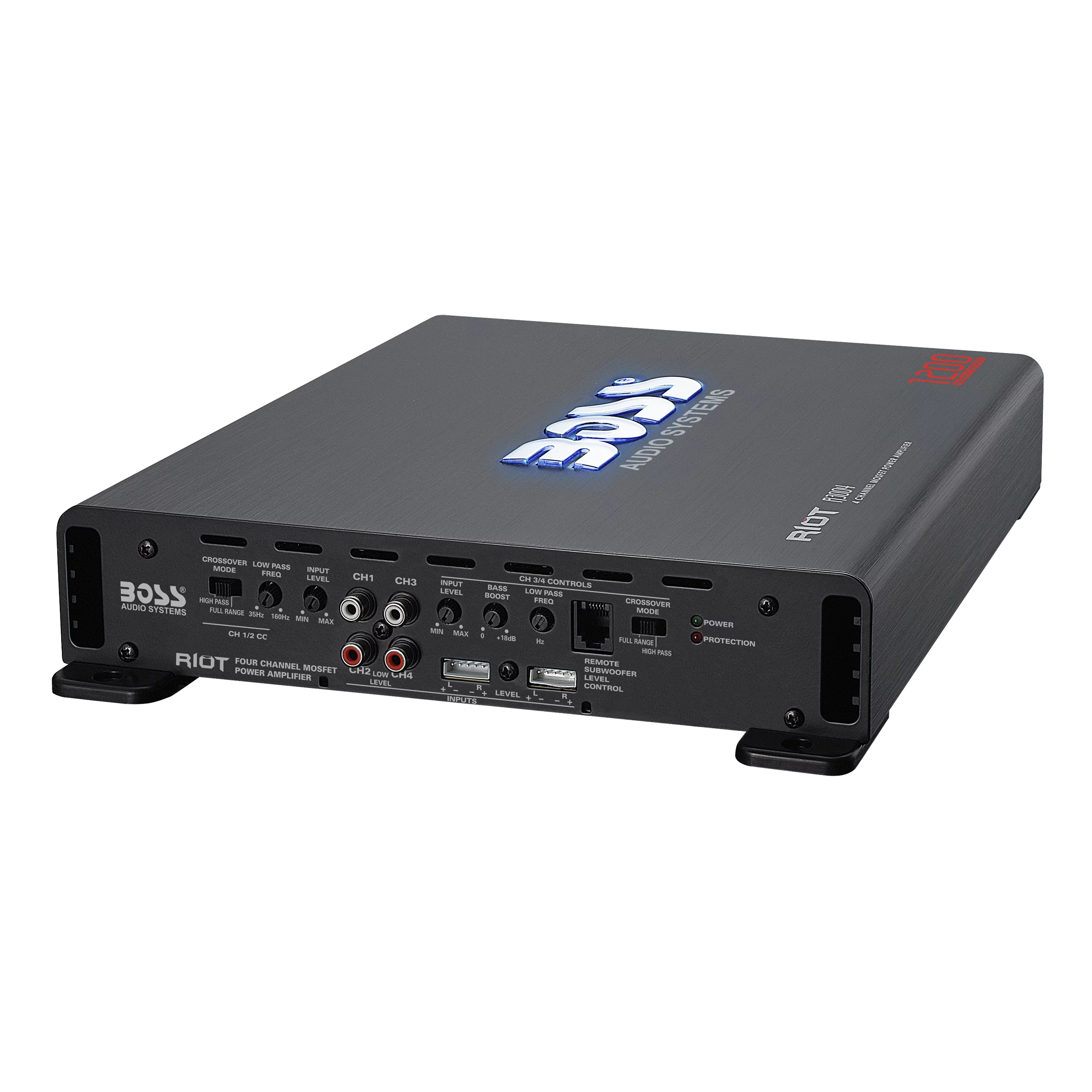 BOSS Audio Systems R3004 Riot Series Car Audio Stereo Amplifier - 1200 High Output, 4 Channel, Class A/B, 2/4 Ohm, Low/High Level Inputs, High/Low Pass Crossover, Full Range, Bridgeable, Subwoofer