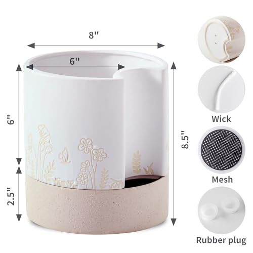 Nihow Self Watering Plant Pot: 6 Inch Ceramic Planter with Drainage Hole & Water Storage Plus for Indoor & Outdoor Plants - Cylinder Round Flower Pot for Succulent/Herbs/Violets -White