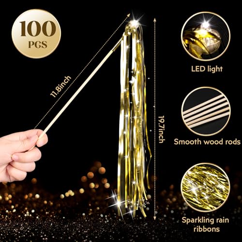 ​Drixbor 100 PCS Light Up Wedding Wands - LED Tinsel Streamers for Wedding Send Off & Grand Entrance, Party Favors for Weddings Birthdays Christmas (Champagne)