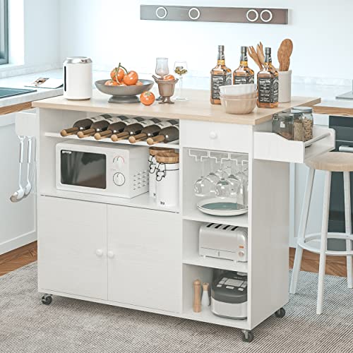 IRONCK Rolling Kitchen Island Cart with Drop-Leaf and Wine Rack, Microwave Rack Serving Cart on Wheels with Drawer & Shelves & Spice Rack & Cup Hanging, White
