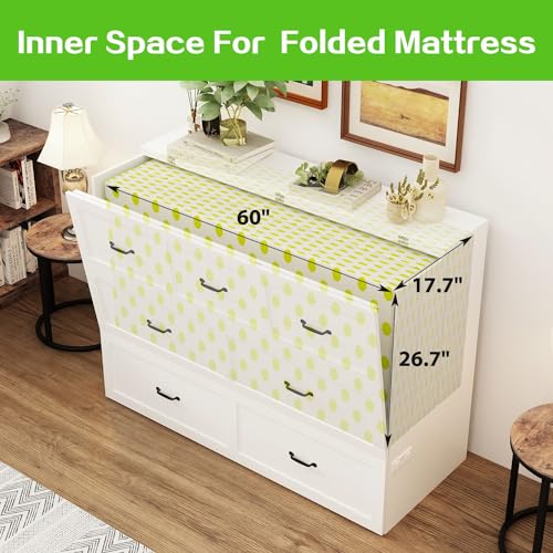 FAMAPY Full Size Murphy Bed Cabinet with Charging Station & Drawer, Murphy Chest Bed, Space-Saving, for Bedroom Guest Room White (76.4”W x 56.3”D x 40.9”H)