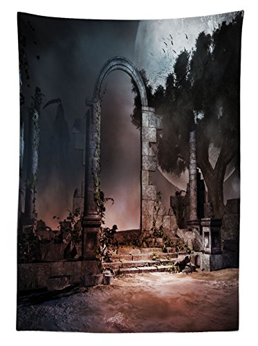 Lunarable Gothic Outdoor Tablecloth, Dark Night Scary Creepy Graveyard with Trees Full Moon Foggy Atmosphere, Decorative Washable Picnic Table Cloth, 58