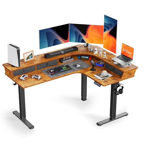 ErGear Electric L Shaped Standing Desk, 65'' Height Adjustable Corner Stand up Desk with Storage Drawers & Cable Management Trays, Modern Home Office Computer Workstation, Black