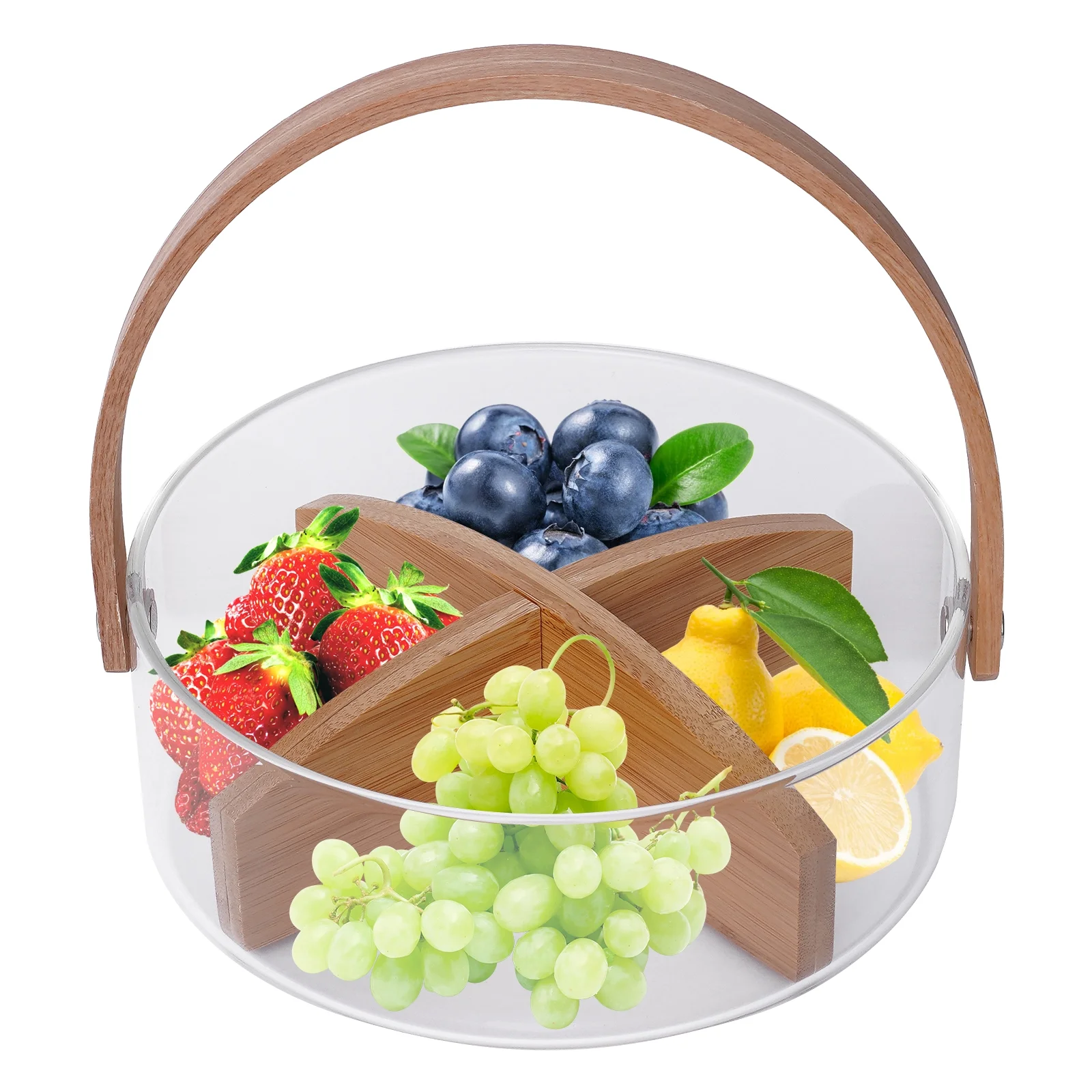 Miumaeov Fruit Serving Bowl Ice Bucket with Handle, 7.09 x 2.36 in Clear Glass Nuts Dry Fruit Snack Tray Fruit Bowl Holder Dried Fruit Basket with Wood Divider