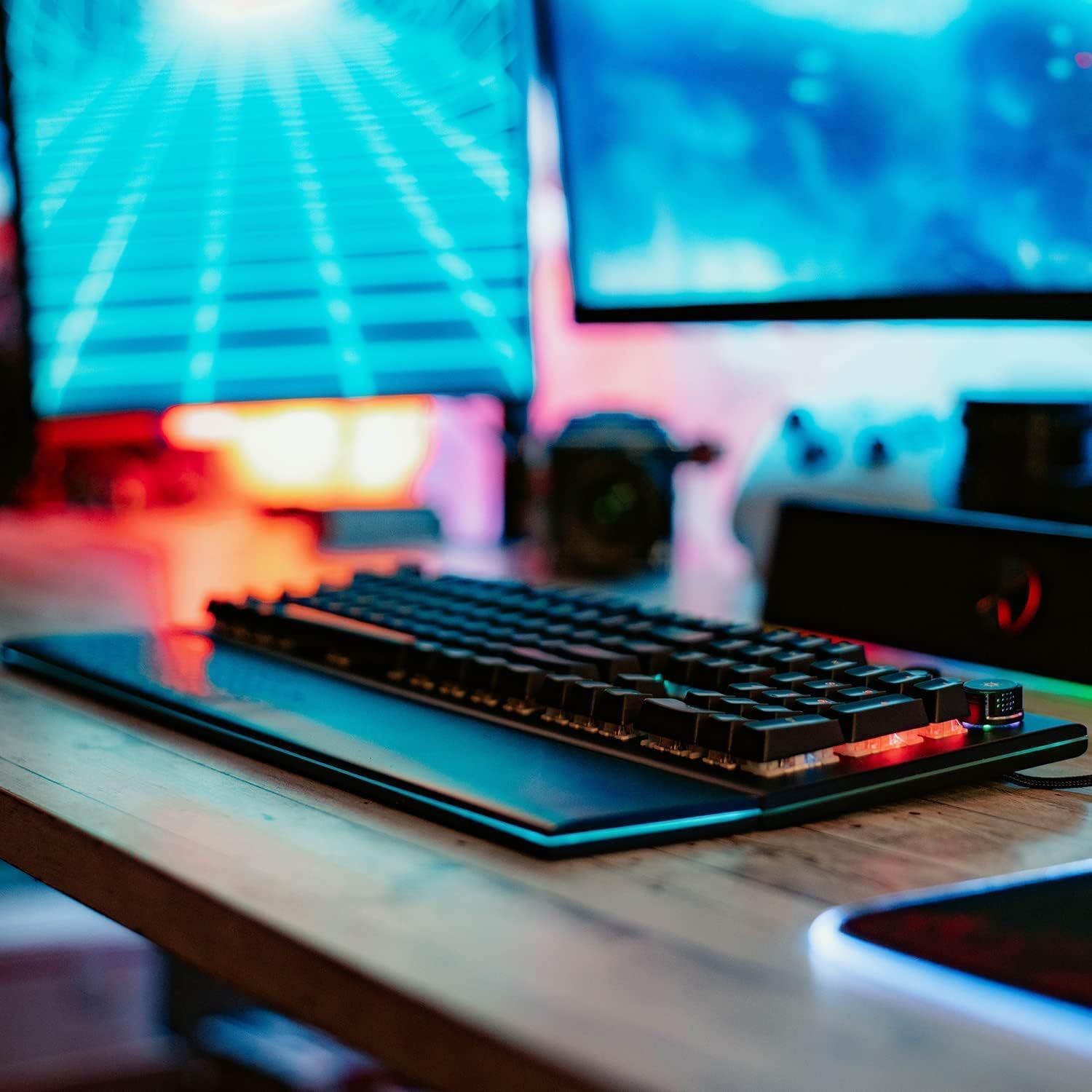 Mechanical Gaming Keyboard LED, Tilted Nation RGB Mechanical Keyboard with Volume Control Knob and Removable Wrist Rest - Programmable Light Up Keyboard with Quick Response Red Switches