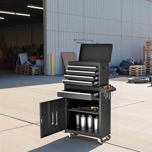 Rolling Tool Chest 5 Drawers Tool Box Garage Storage Cabinet Steel Frame 2 in 1 Tool Cart with Universal Lockable Wheels, Detachable Top and Adjustable Shelf for Garage, Black