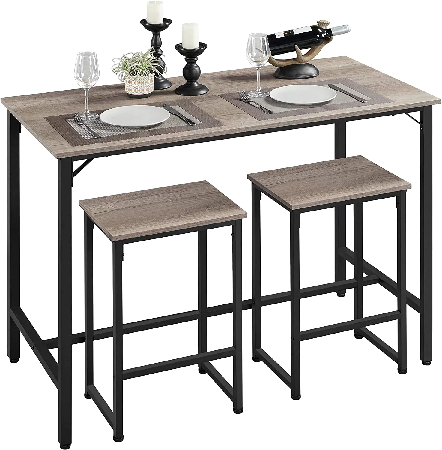 3 Piece Bar Table Set, 47.5” Industrial Counter Height Dining Table with Bar Stools Set of 2, Kitchen Breakfast Table and Chairs for Dining Room, Living Room, Apartment