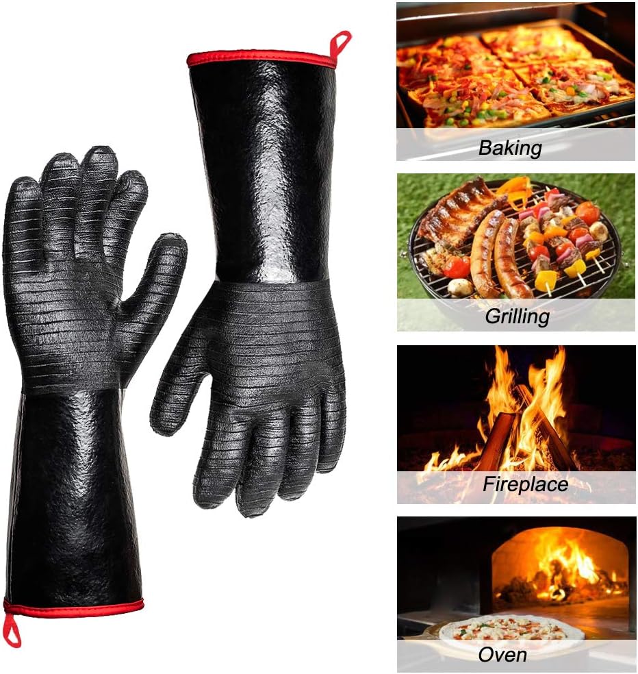 932°F Extreme Heat Resistant Gloves for Grill BBQ,Aillary Waterproof Long Sleeve Pit Grill Gloves for Fryer, Baking, Oven,Smoker,Fireproof, Oil Resistant Neoprene Coating（14-Inch ）