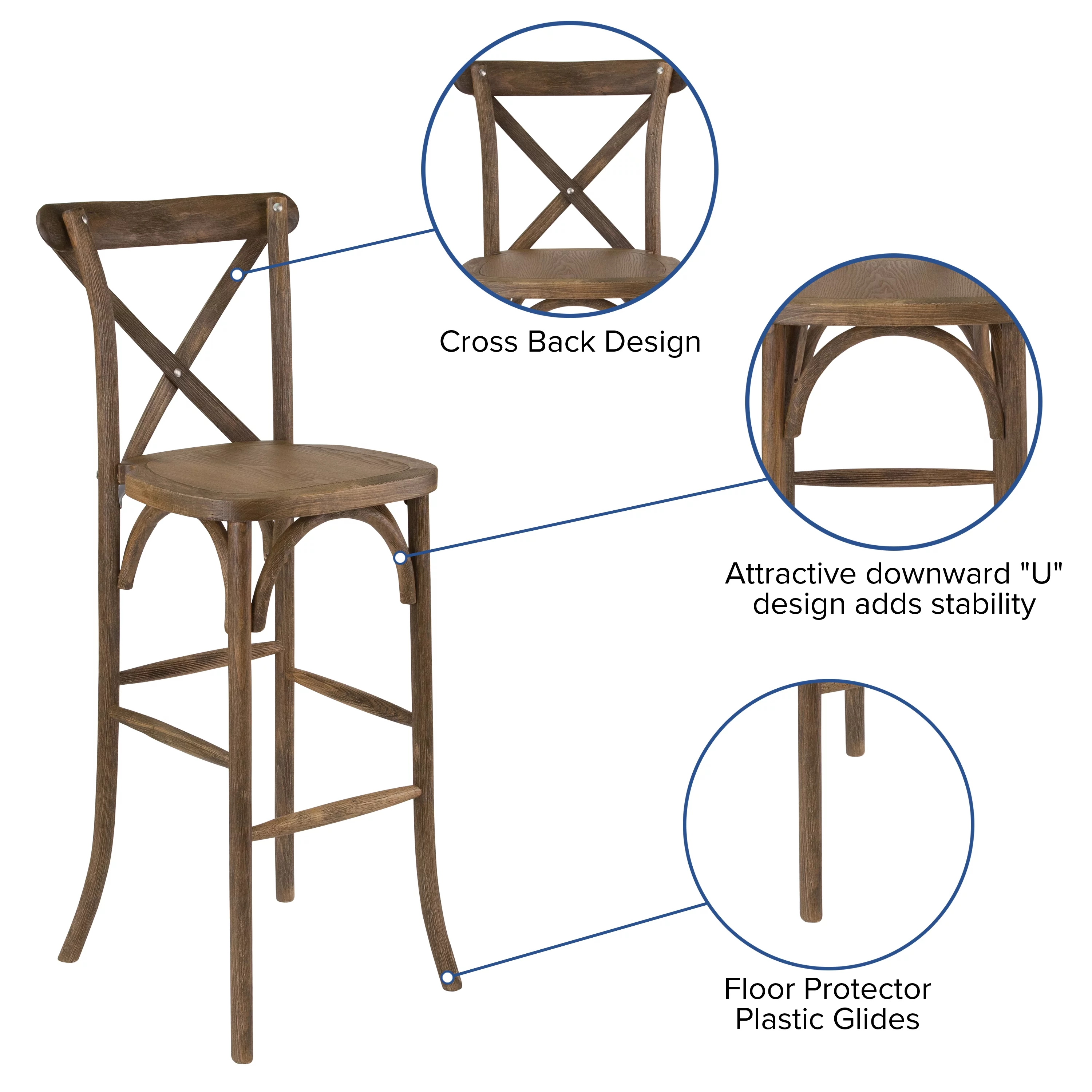 BizChair Dark Antique Wood Cross Back Barstool